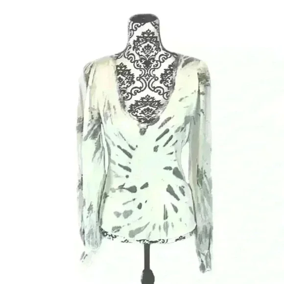 Maven West Gray Tie Dye knit Sheer Sleeve Plunge Neckline Folk Lore Top, S - Picture 10 of 12